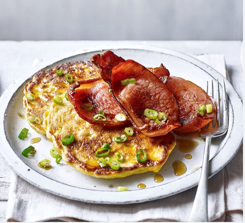 Buttermilk corn pancakes with bacon & maple syrup