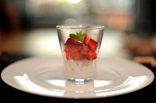 Buttermilk granita with strawberries in balsamic