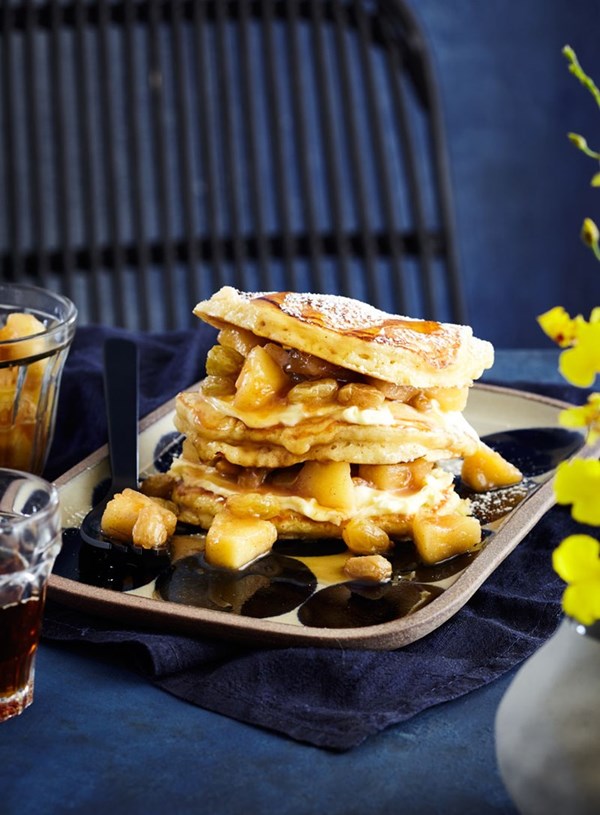 Buttermilk hotcakes with cider-glazed apples and crème fraîche