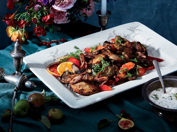 Buttermilk-marinated quail with herbed raita and blood oranges