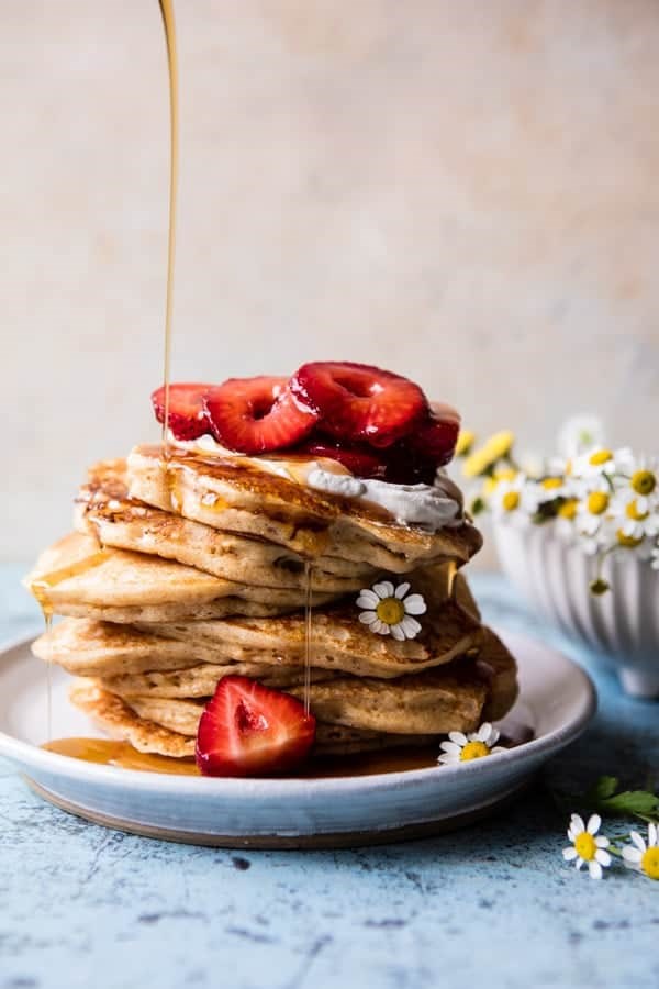 Buttermilk pancakes with chamomile cream and gingered strawberries