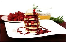 Buttermilk pancakes with drunken raspberries