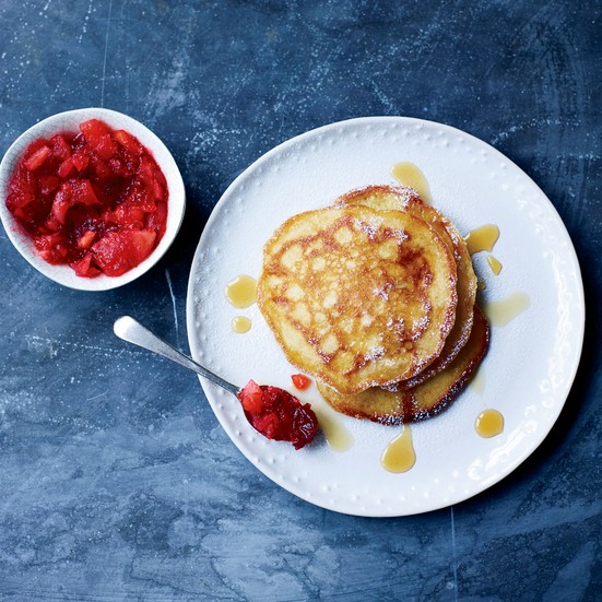 Buttermilk pancakes with quince-and-cranberry compote