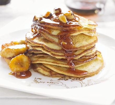 Buttermilk pancakes with sticky banana and Brazil nuts