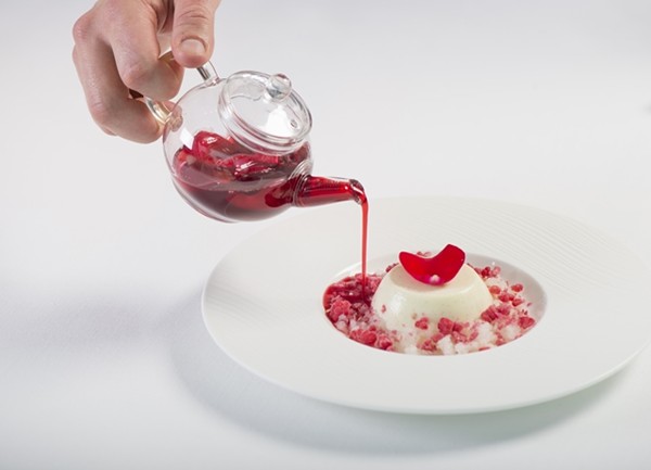 Buttermilk panna cotta, lychee, raspberry and rose