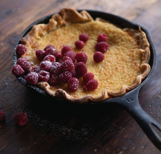 Buttermilk pie with raspberries
