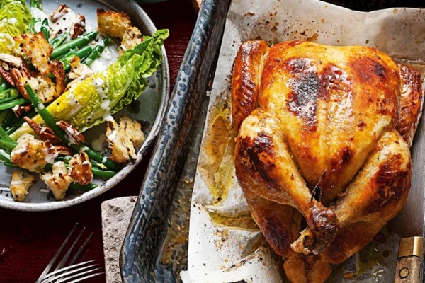 Buttermilk roast chicken with cos & pecan bread salad