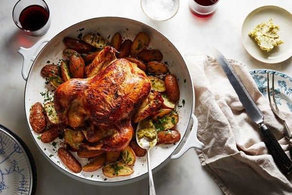 Buttermilk roast chicken with potatoes and cornichon butter