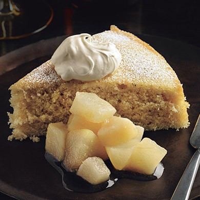 Buttermilk spice cake with pear compote and crème fraîche