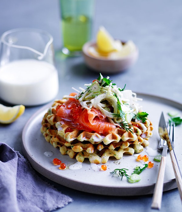Buttermilk waffles with cured ocean trout and fennel salad