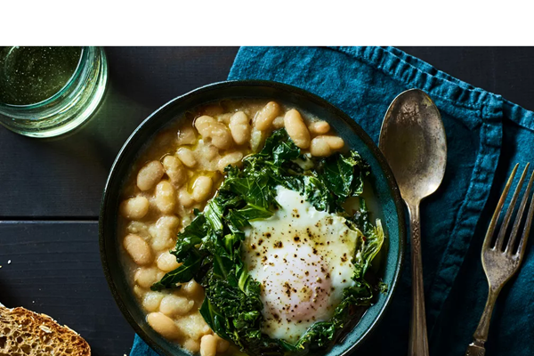 Buttermilk white beans with eggs & greens