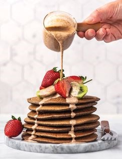Butterm*lk buckwheat pancakes with almond butter caramel