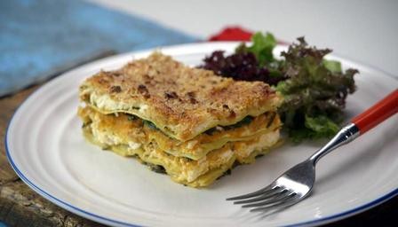 Butternut & sweet potato lasagne with sage, toasted pine nuts & nutmeg