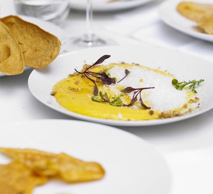 Butternut and hazelnut dip with olive oil crispbread