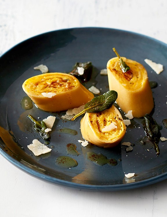 Butternut and ricotta rotolo with sage brown butter
