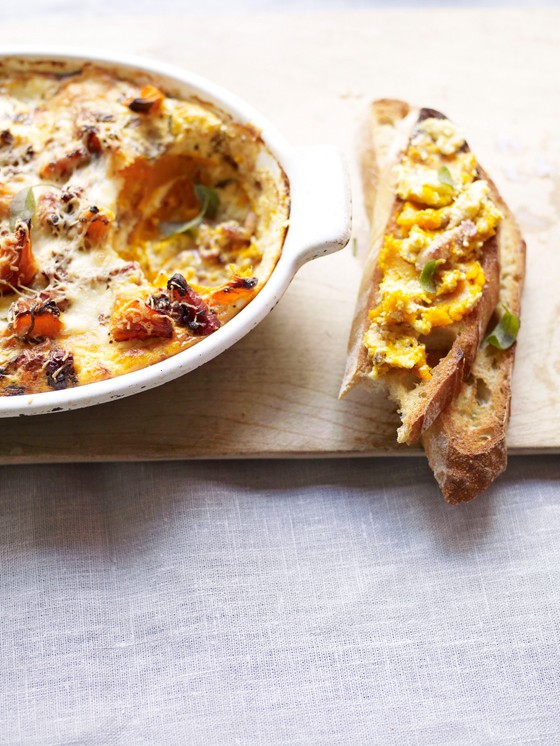 Butternut and sage strata with garlicky toasts