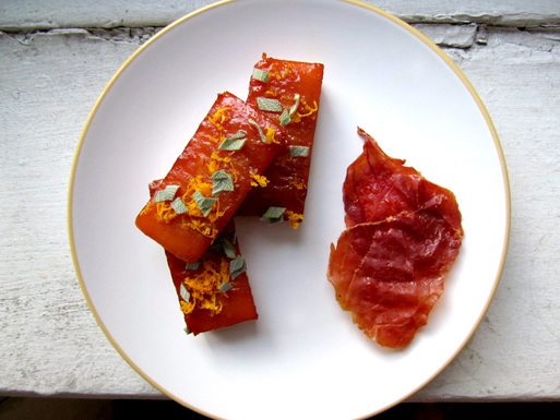 Butternut bricks with ginger maple bourbon glaze and prosciutto chips