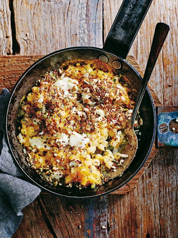 Butternut mac and cheese with rosemary and seed topping