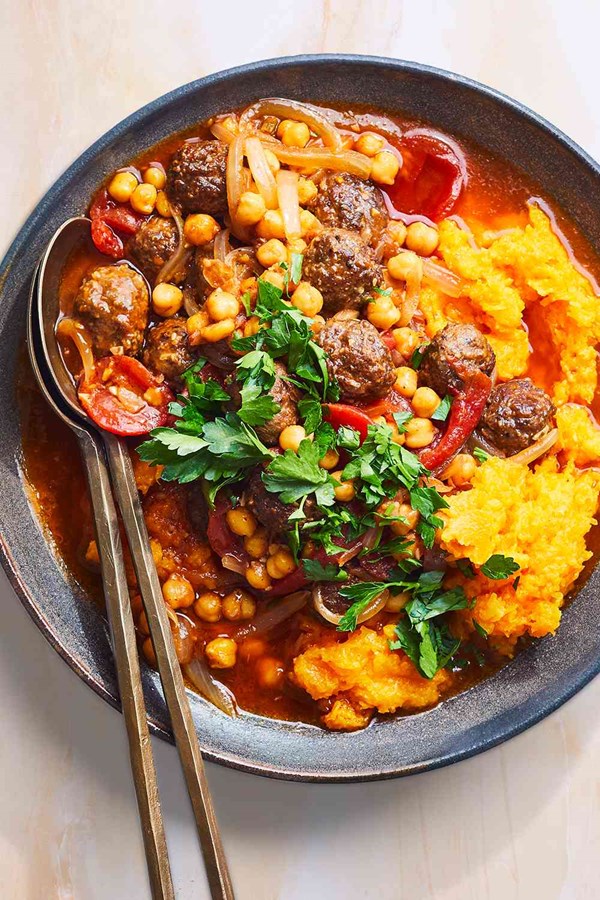 Butternut mash with lamb-chickpea stew