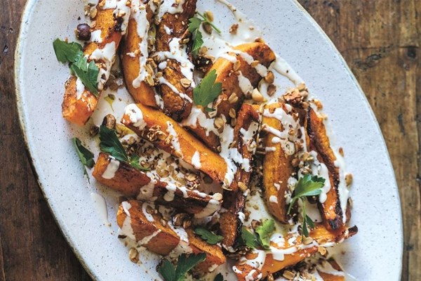 Butternut pumpkin with lemon tahini and miso granola