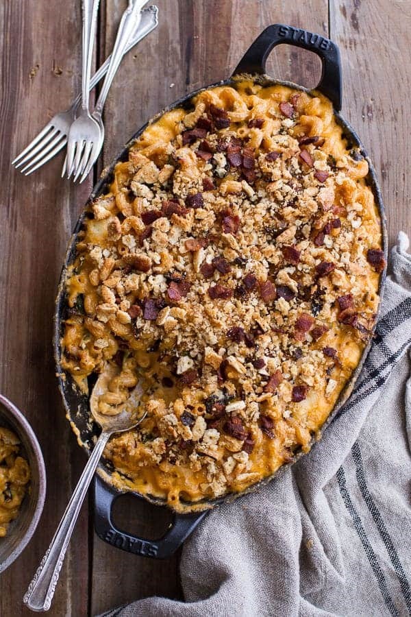 Butternut squash + charred Brussels mac and cheese with buttery bacon Ritz crackers