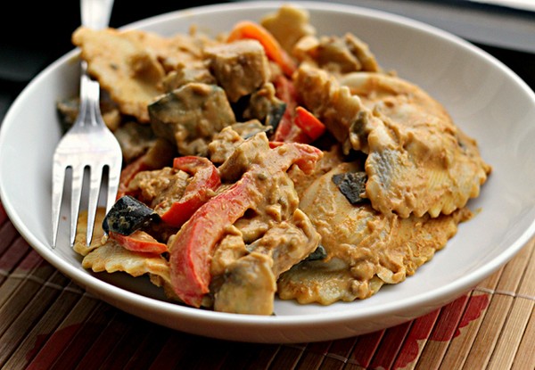 Butternut squash agnolotti with Thai peanut sauce