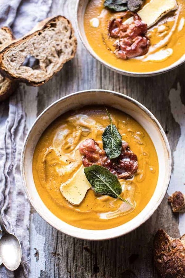 Butternut squash and Brie soup with crispy pancetta