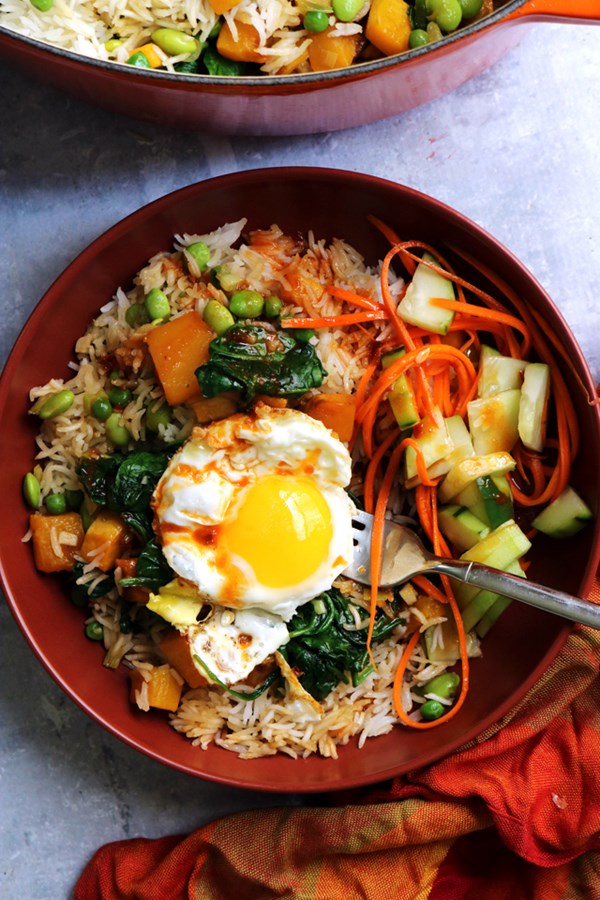 Butternut squash and edamame bibimbap with spicy gochujang sauce