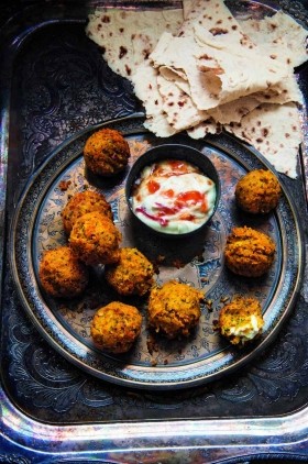 Butternut squash and feta falafel with smoked chilli crème fraîche