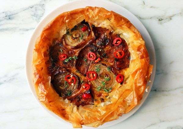 Butternut squash and fondue pie with pickled red chillies
