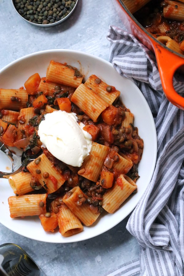 Butternut squash and lentil Bolognese with mascarpone