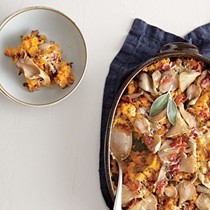 Butternut squash au gratin with wild mushrooms and crispy bacon