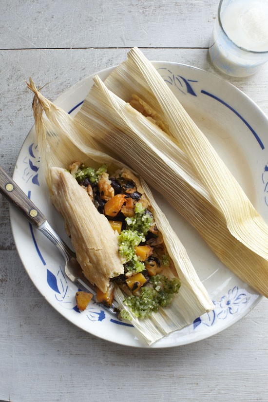 Butternut squash, black bean, and kale tamales with spicy tomatillo salsa