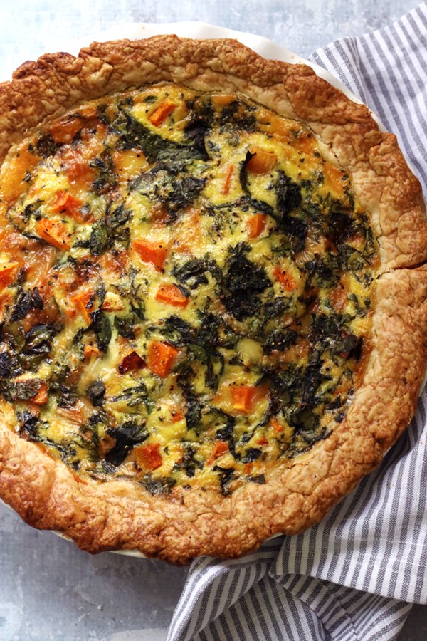 Butternut squash, Brie, and chard quiche