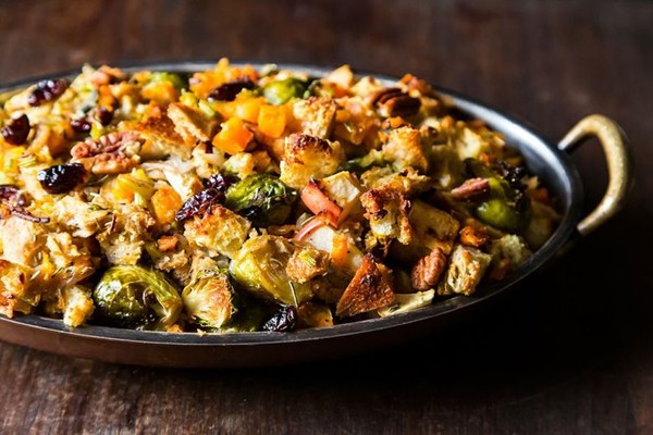 Butternut squash, Brussels sprout, and bread stuffing with apples