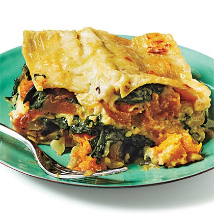 Butternut squash, caramelized onion, and spinach lasagna