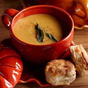Butternut squash-carrot soup with pork “croutons”