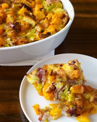 Butternut squash casserole with leeks, prosciutto and thyme