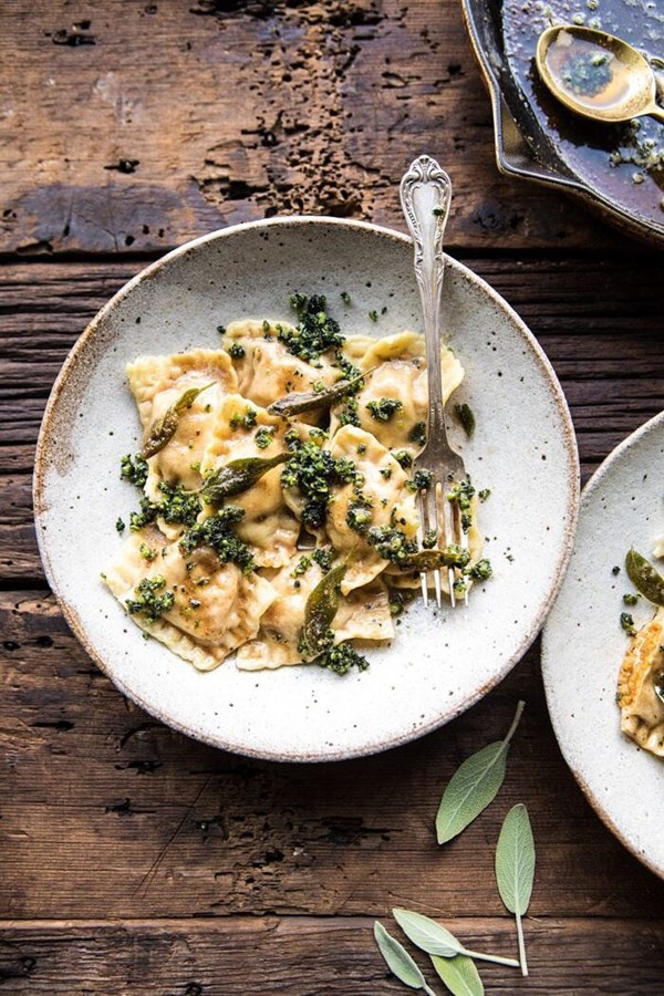 Butternut squash cheese ravioli with browned butter sage pesto
