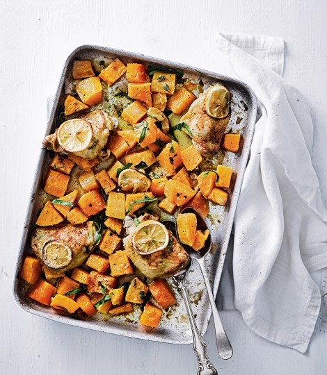 Butternut squash, chicken and tarragon traybake