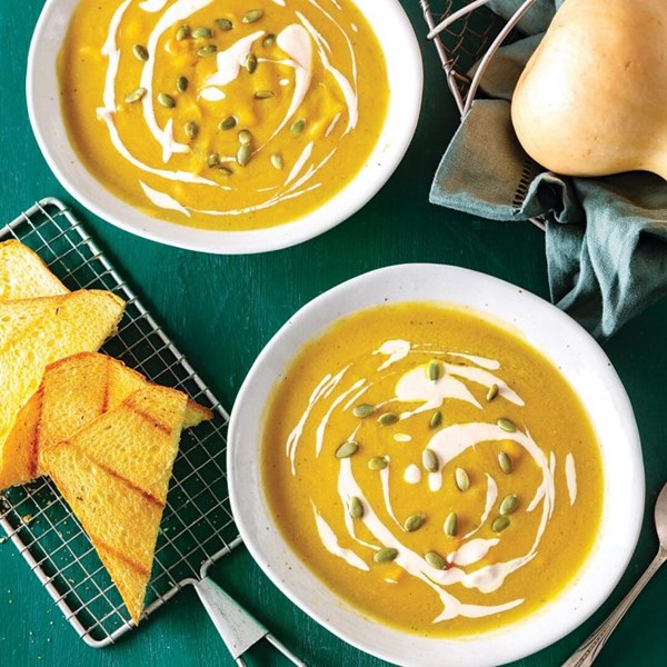 Butternut squash, coconut, and shrimp bisque