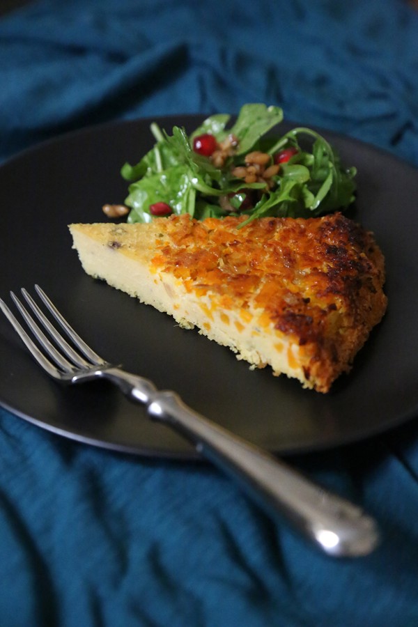 Butternut squash farinata with arugula salad and pomegranate vinaigrette