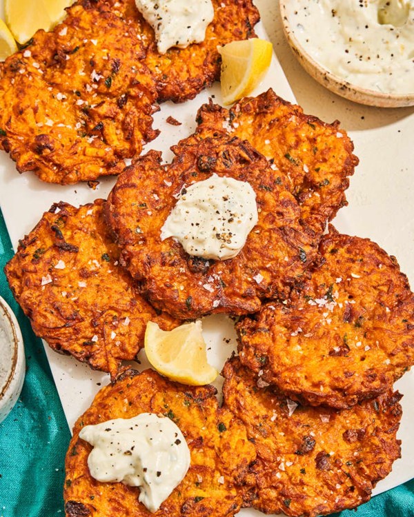 Butternut squash fritters with garlicky yogurt