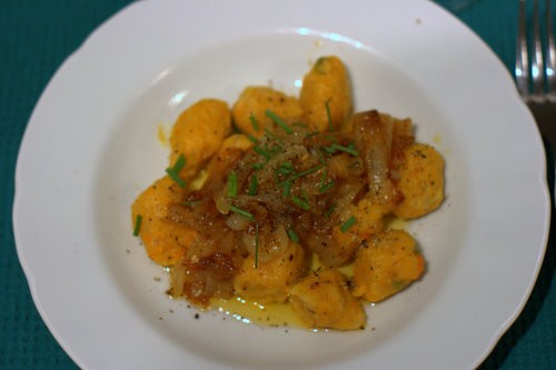 Butternut squash gnocchi with harissa onions