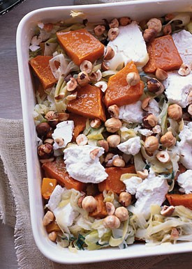 Butternut squash gratin with goat cheese and hazelnuts