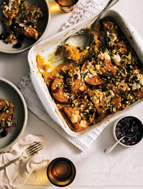 Butternut squash gratin with pumpkin seed-cranberry streusel & blue cheese [Jordan Mackey]