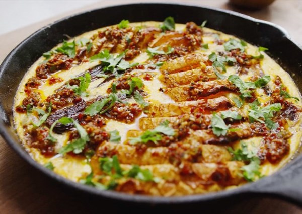 Butternut squash in cheesy custard with orange rayu