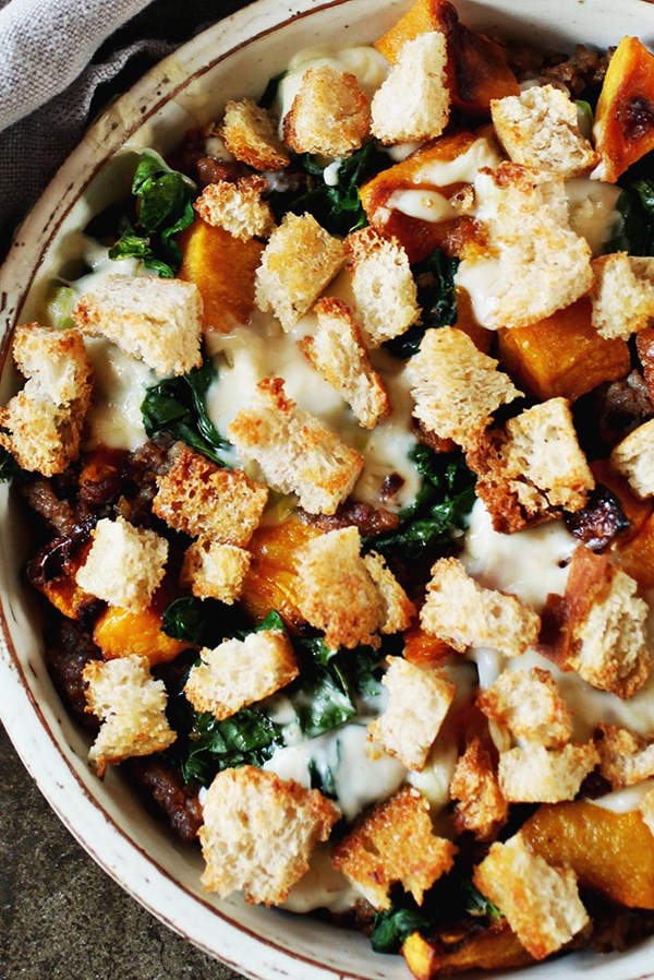 Butternut squash, Italian sausage, and turnip green gratin