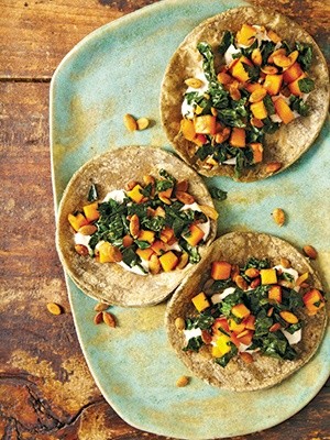Butternut squash, kale, and crunchy pepitas taco