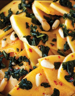 Butternut squash kimchi with lacinato kale and pine nuts (Hobak kimchi)